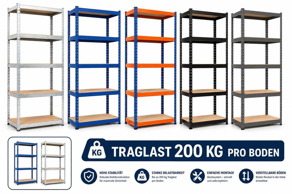 Schwerlastregal Regal Steckregal Lagerregal Stahl bis 1000 kg Werkstattregal 180x90x40 cm - V3 Verzinkt
