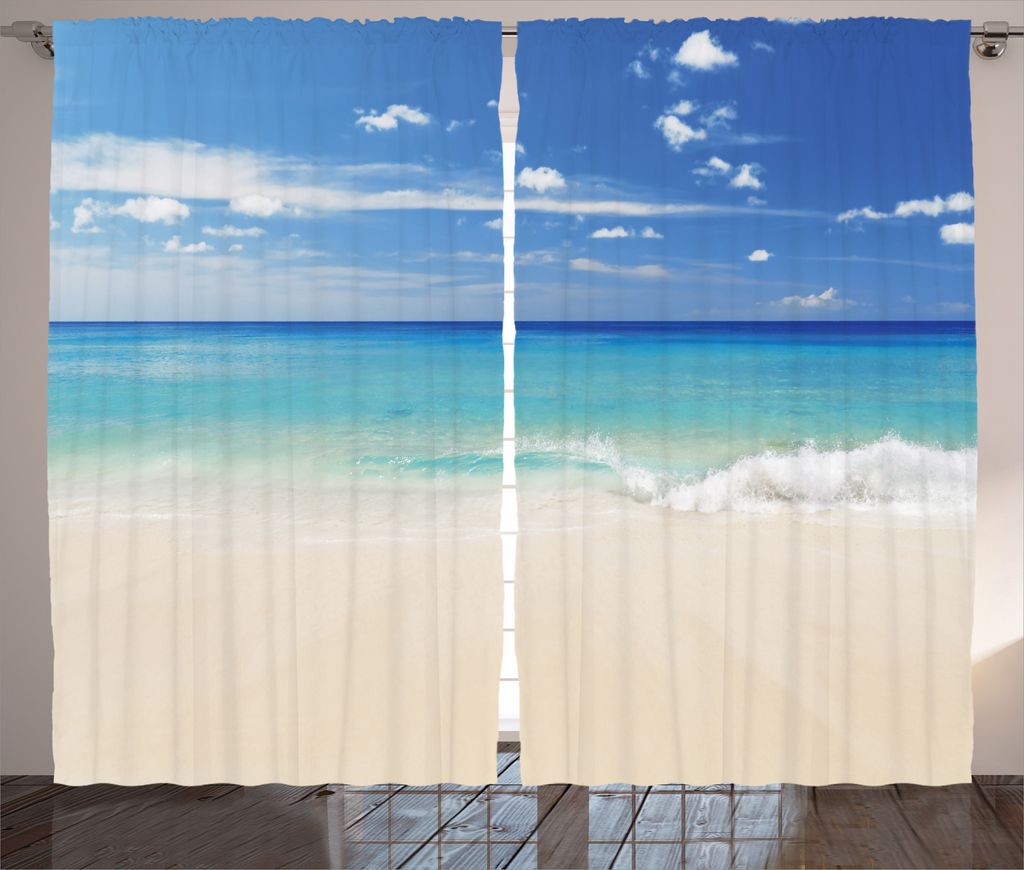 ABAKUHAUS Tropisch Rustikaler Vorhang, Shore Meer mit Wellen, Wohnzimmer Universalband Gardinen mit Schlaufen und Haken, 280 x 245 cm, Creme Türki...