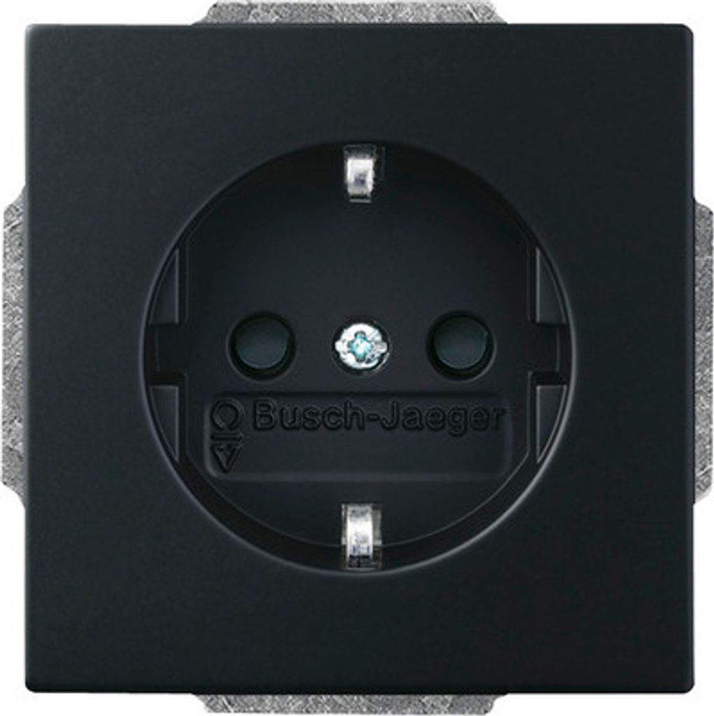 A close-up studio shot of a black electrical outlet.