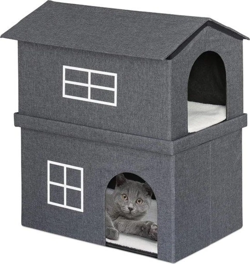 Maison pour chat pliable en tissu anthracite avec double accès confort