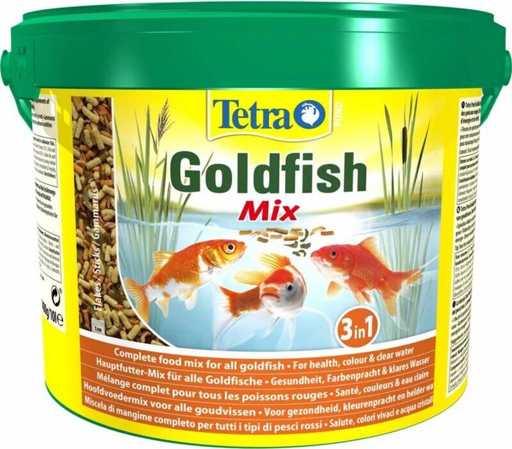 Tetra Pond Goldfish 3in1 Mix - Fischfutter-Mischung aus Flocken, Sticks und Gammarus für alle Goldfische und Kaltwasserfische im Teich, 10 L Eimer