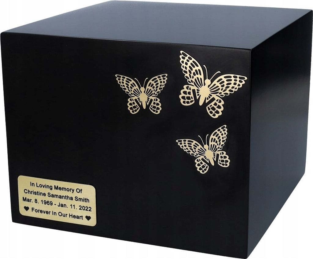 Schwarze Holzurne Für Asche Mit Schmetterlingen. Bestattungsurnenbox