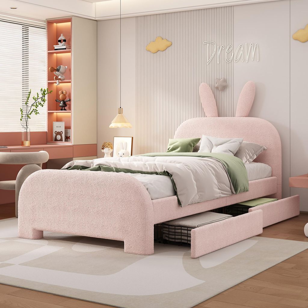 A child's bedroom with a pink bunny-themed bed, desk, and bookshelf.