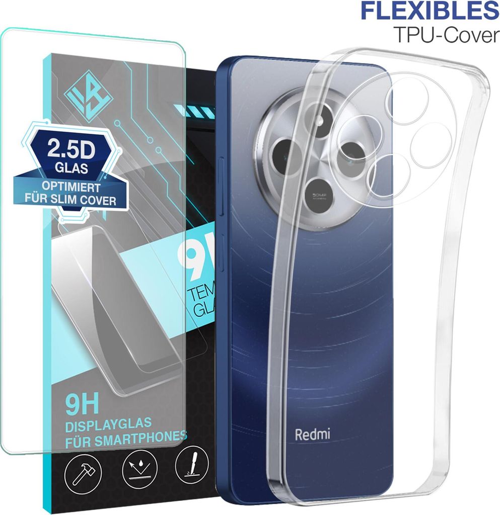 Handyhülle für Xiaomi Redmi 14C mit 9H Displayglas Displayschutz Hülle Transparent Flexibel Elastisch Case Cover Backcover Schutzhülle