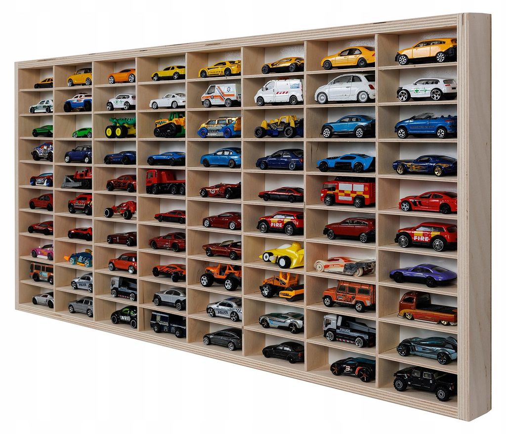 Wandregal für 80 Modellautos 1:64, hängende Holzvitrine für Produktbild 