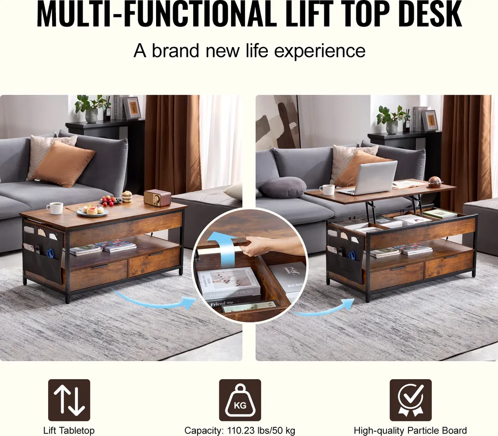 Table Basse Connectée avec LED Intégrée et Multiprise USB pour Salon