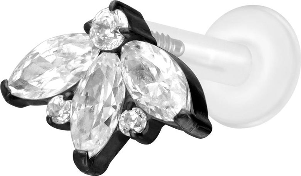 Ohrpiercing, Nasenpiercing PTFE Labret mit Innengewinde + Titan-Aufsatz LOTUSBLÜTE Schwarz Stablänge: 7mm | Stabstärke: 1,6mm