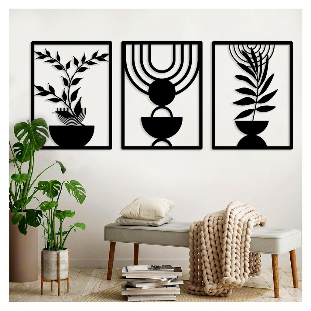 3-teilige Boho-Metall-Wandkunst, abstrakte, minimalistische geometrische Wandkunst, schwarze Metall-Wandskulptur für Wohnzimmer und Schlafzimmer (...