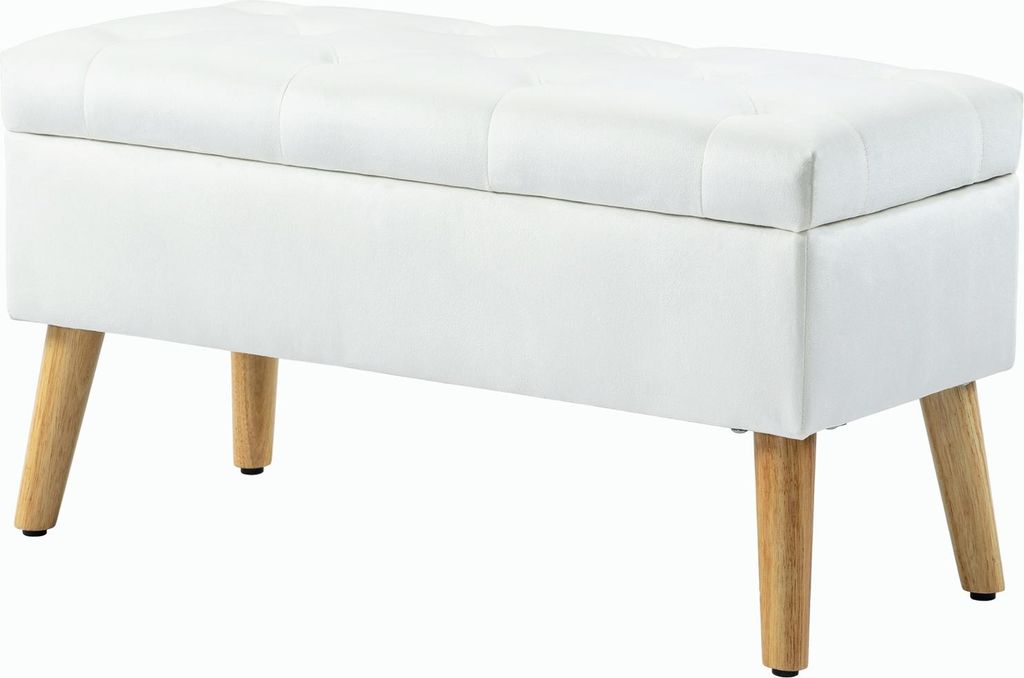 Sitzbank mit Stauraum, Polsterbank mit Deckel, Bettbank mit Samtoptik, für Flur Schlafzimmer Wohnzimmer, Gummiholz 102 x 35 x 43 cm Weiß
