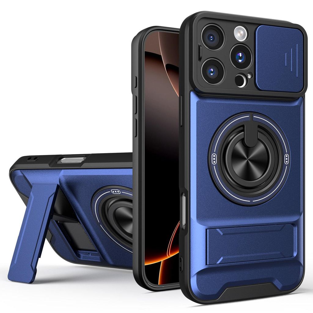 Magnetisch Hülle für iPhone 16 Pro Max Militär Stoßfest Hülle mit Dia Kameraschutz und Ringhalter Ständer Blau