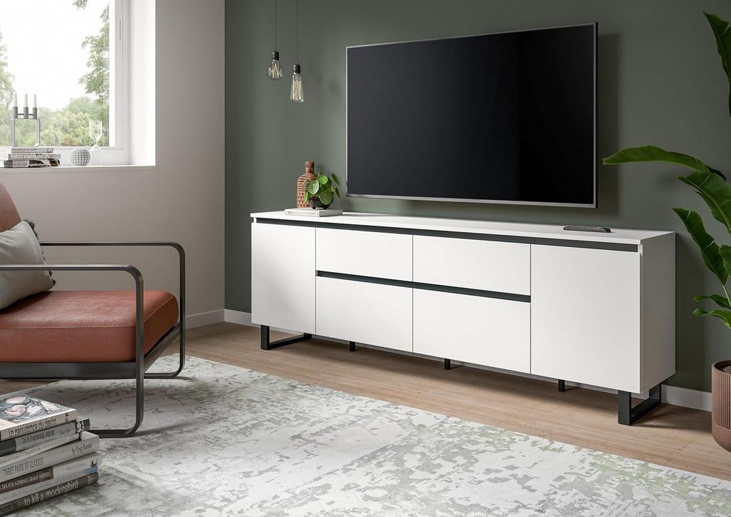 Tomasa TV Tisch 2 Türen, 2 Klappentüren, 2 Schubladen weiß.