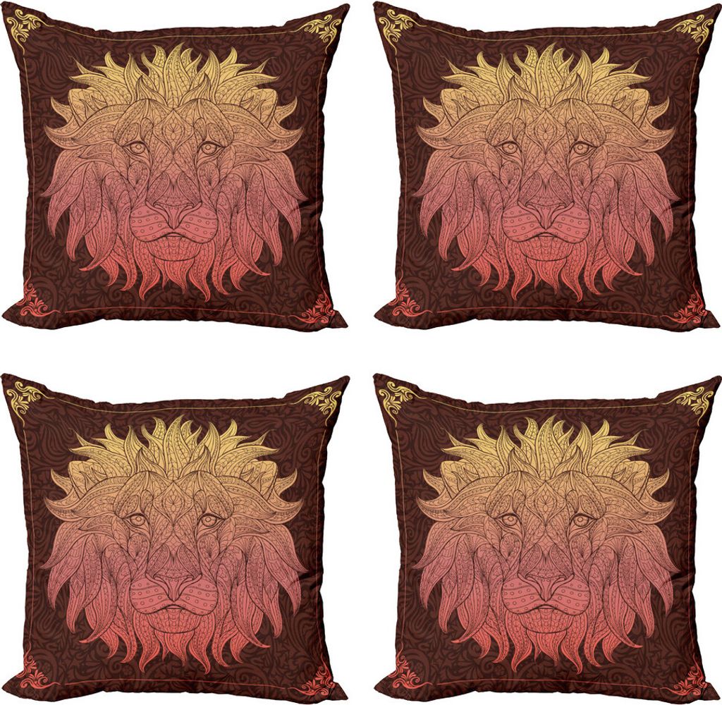 ABAKUHAUS Safari Kissenbezug Set (4 Stück), Lion Floral Aufwändige Kunst, Moderner Doppelseitiger Digitaldruck, 50 cm x 50 cm, gelb Maroon
