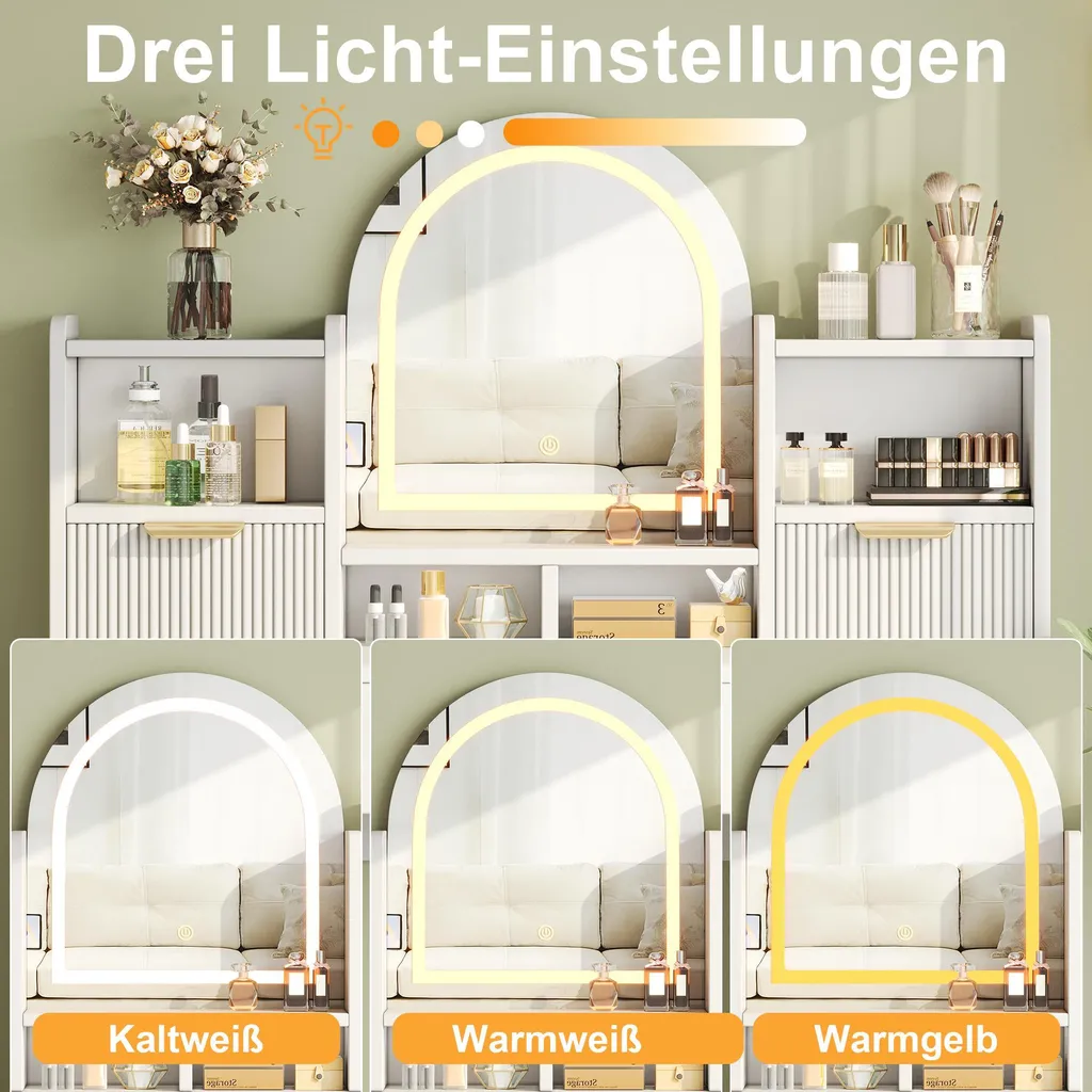 Coiffeuse avec miroir LED tactile, 3 tiroirs et vitrine, commode blanche - 7