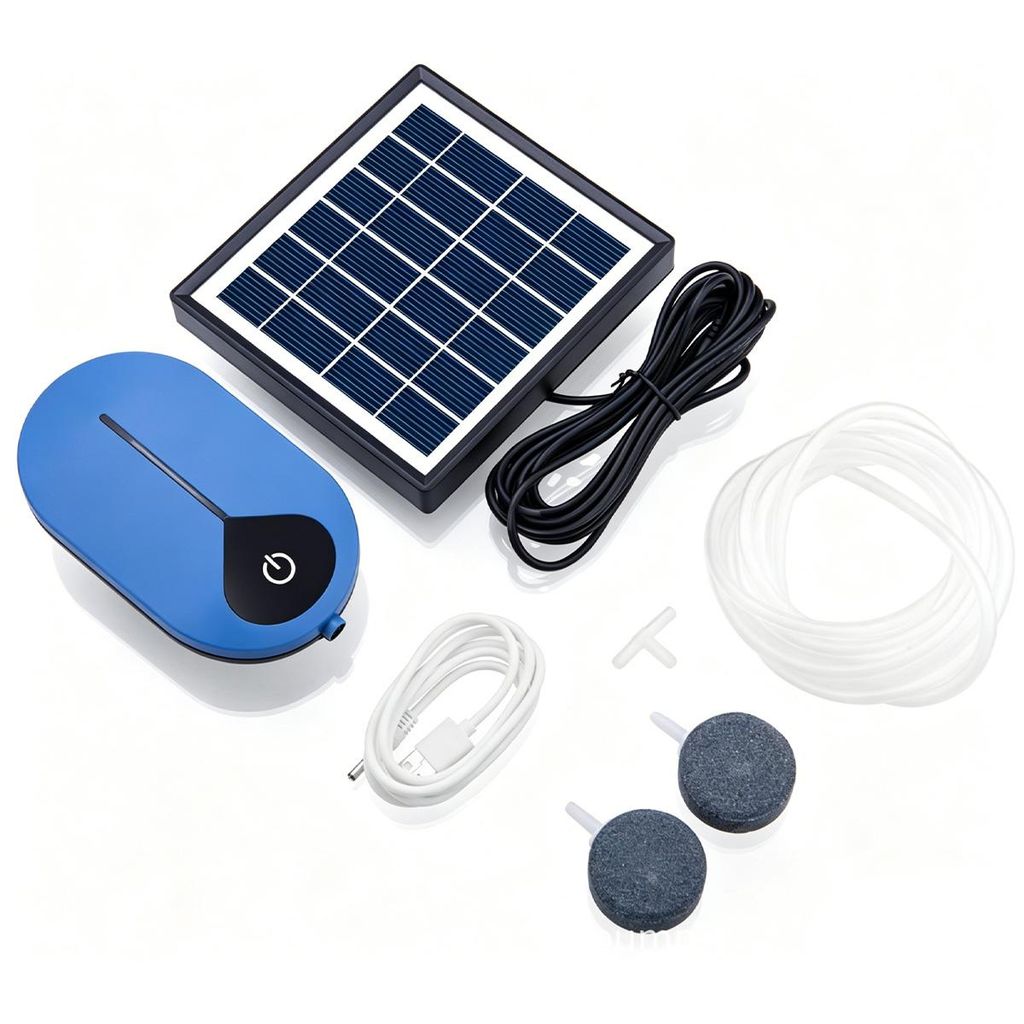 Solar Luftpumpe für Teich & Hydroponik, mit Akku, 3 Betriebsmodi, USB aufladbar, leiser Teichbelüfter mit Luftschlauch & Ausströmerstein, 1,5W