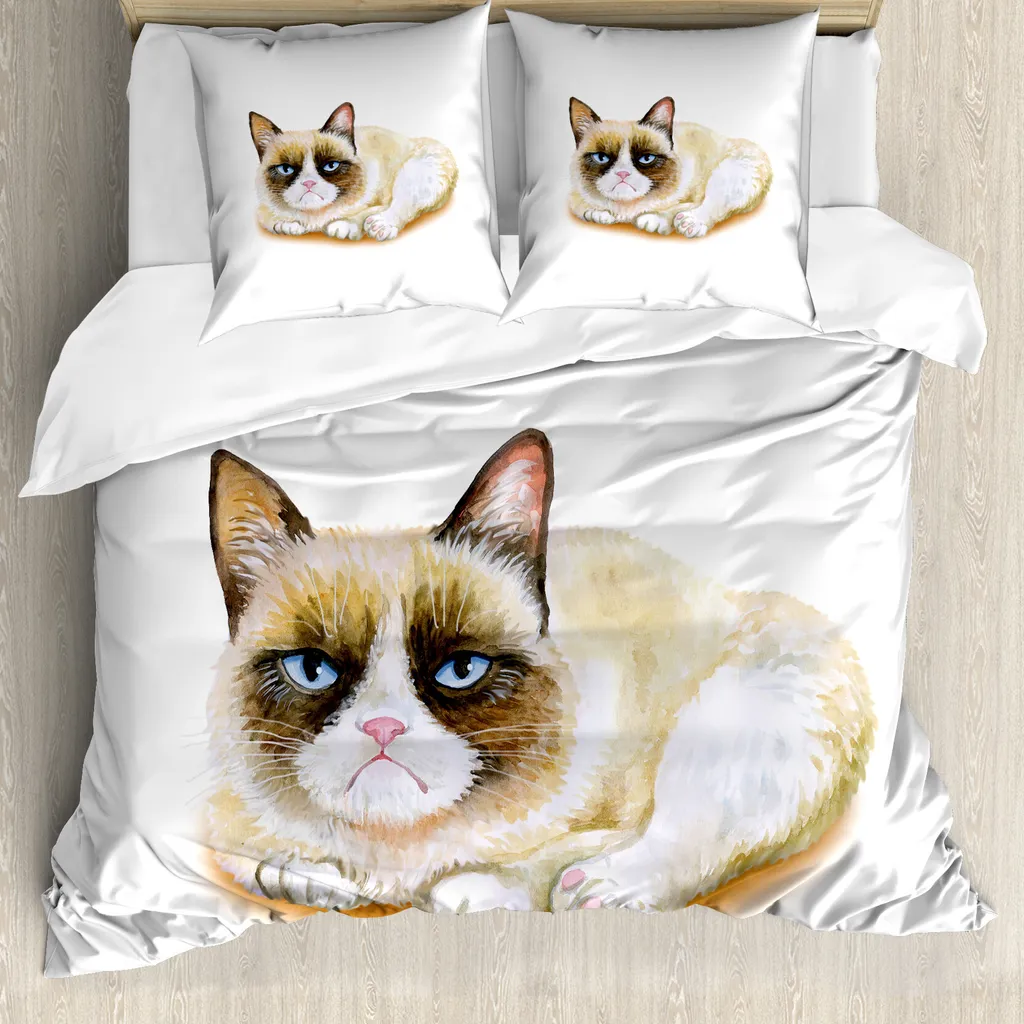 Housse de couette ABAKUHAUS Grumpy Cat 200x200 cm avec taie d'oreiller