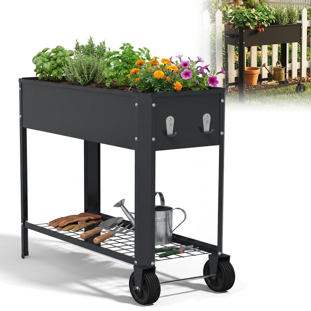 XMTECH Hochbeet Metall 80x35x80 cm mit Rollen – verzinkter Stahl Pflanzkasten Garten Balkon Gemüsebeet mit Ablage Schwarz