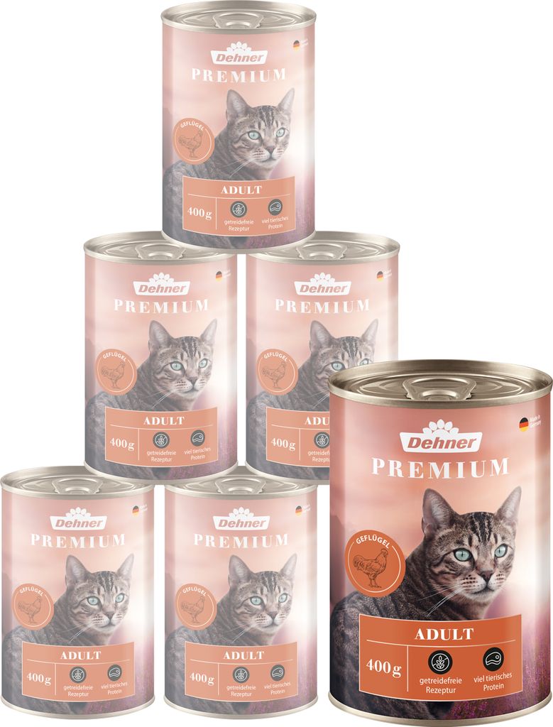 Dehner Premium Katzenfutter, Nassfutter getreidefrei, für ausgewachsene Katzen, Geflügel, 6 x 400 g Dose (2.4 kg)