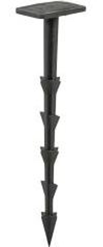 A black landscape fabric stake with a flat top and a pointed end with multiple barbs.