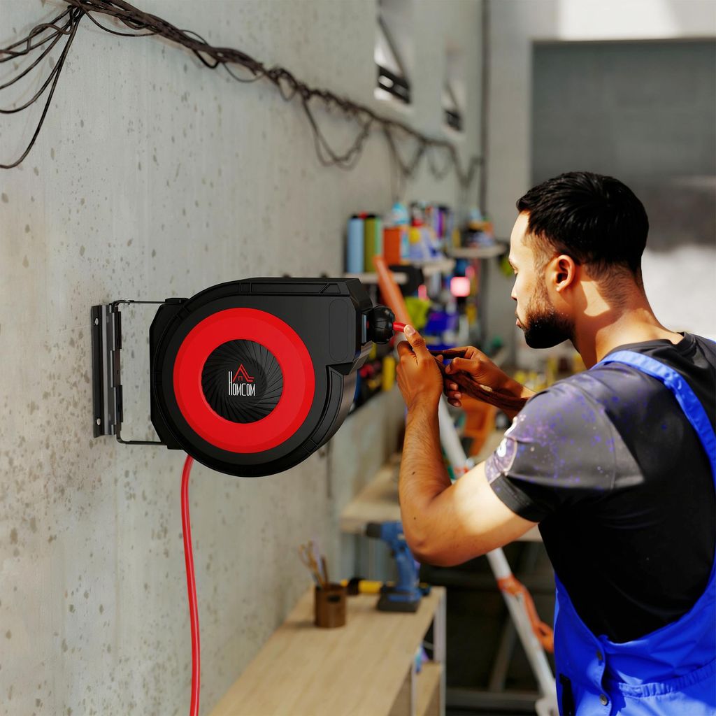 Druckluft-Schlauchtrommel Wandmontage, automatischer Einzug, Luftschlauchtrommel Kunststoff, Schwarz+Rot | 16,5 m Schlauch | 10 bar | 180° schwenkbar
