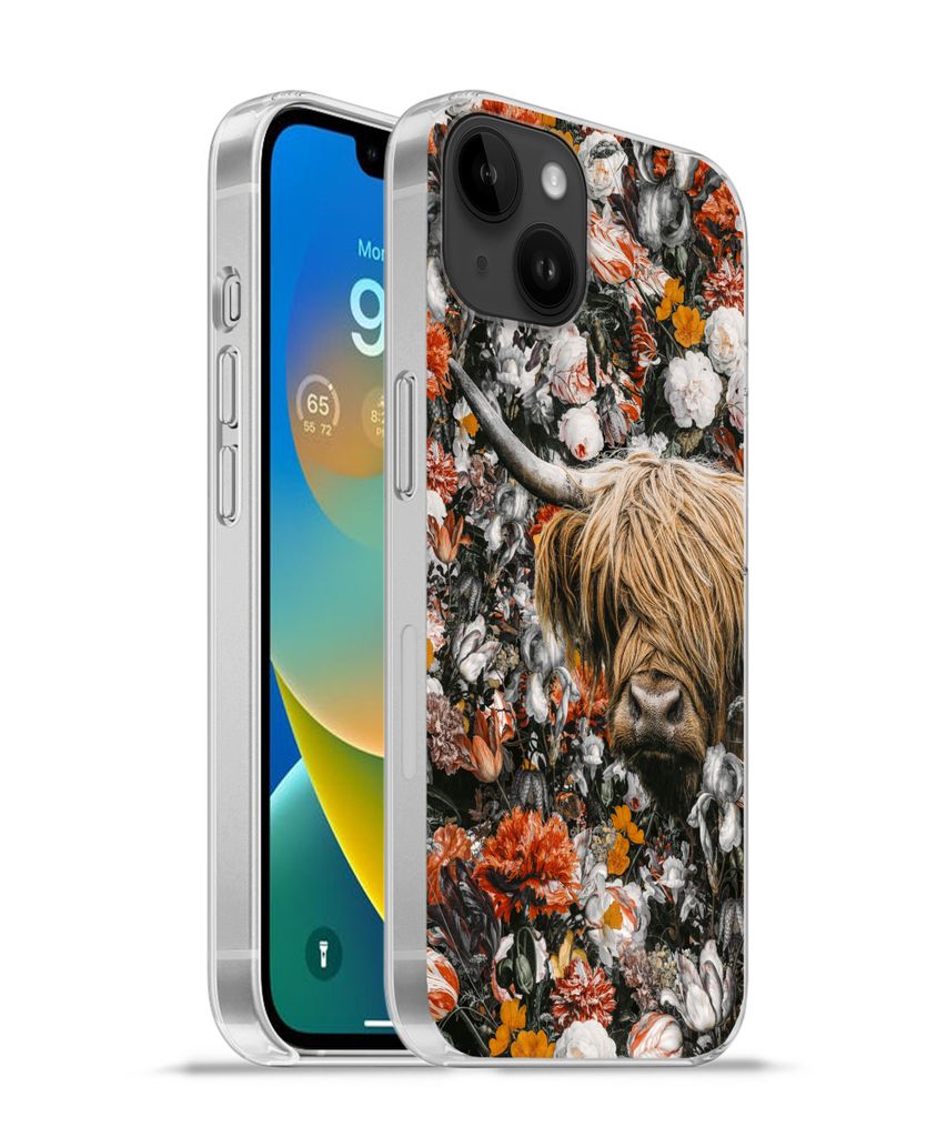 MuchoWow Handyhülle Schutzhülle Hülle für Apple iPhone 14 Plus - Soft case Schottischer Highlander - Blumen - Orange Silikon Softcase Handy H...
