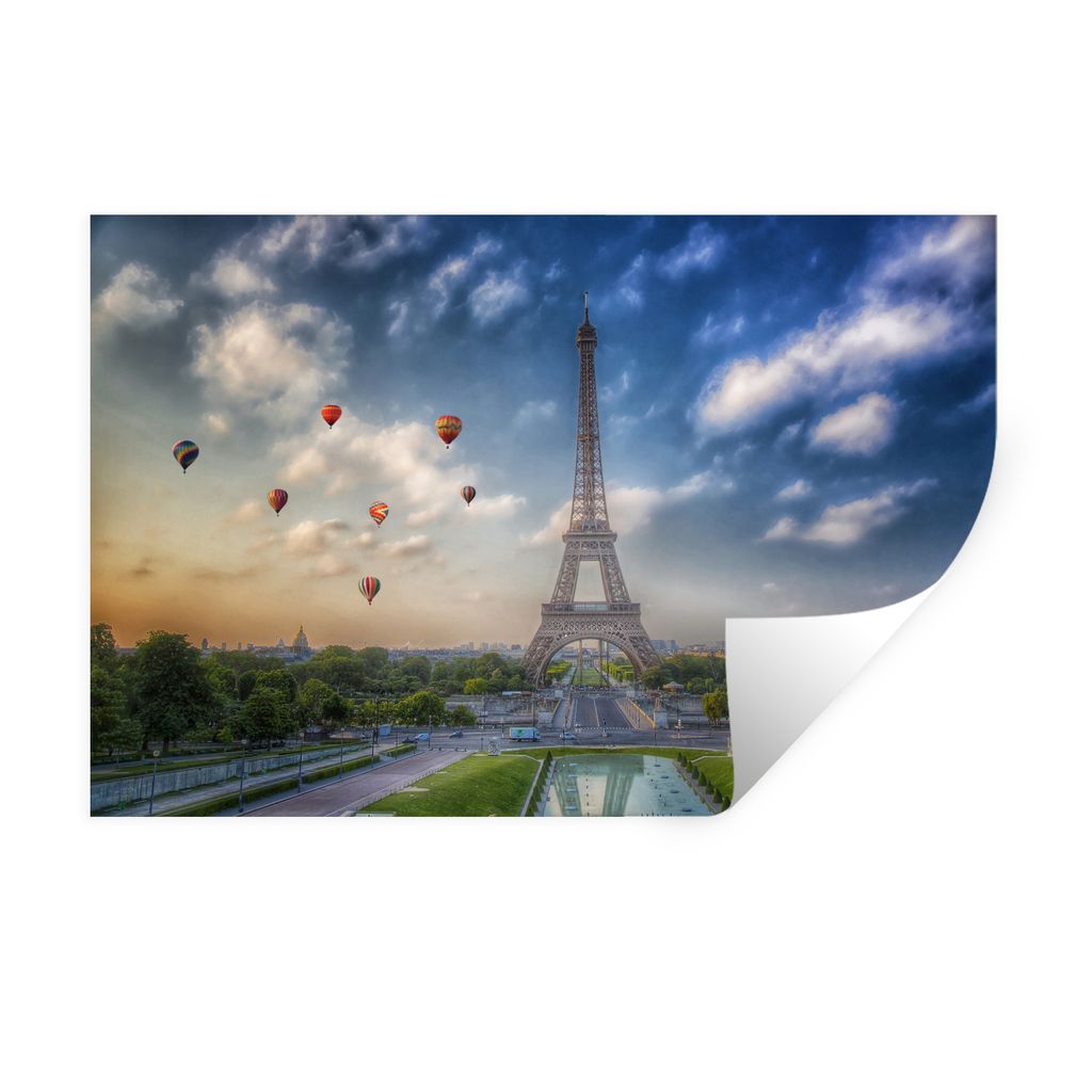MuchoWow Wandtattoo Wandsticker Wandaufkleber Der Eiffelturm mit Heißluftballons im Hintergrund über Paris 30x20 cm Selbstklebend und Repositio...