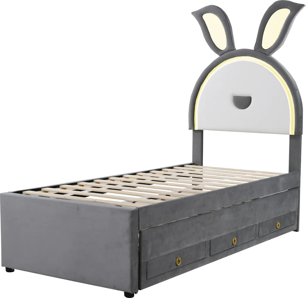 Lit d'adolescent avec LED intégrées et tiroirs en velours gris ultra doux - 8