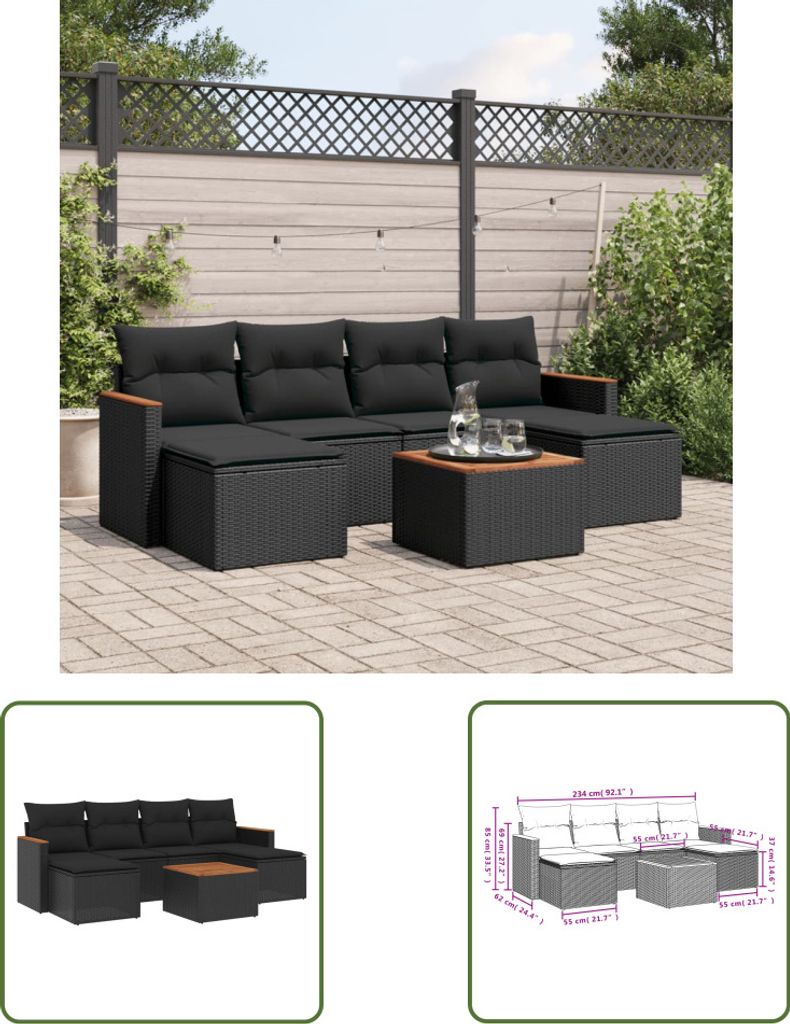 The Living Store 7-tlg. Garten-Sofagarnitur mit Kissen Schwarz Poly Rattan