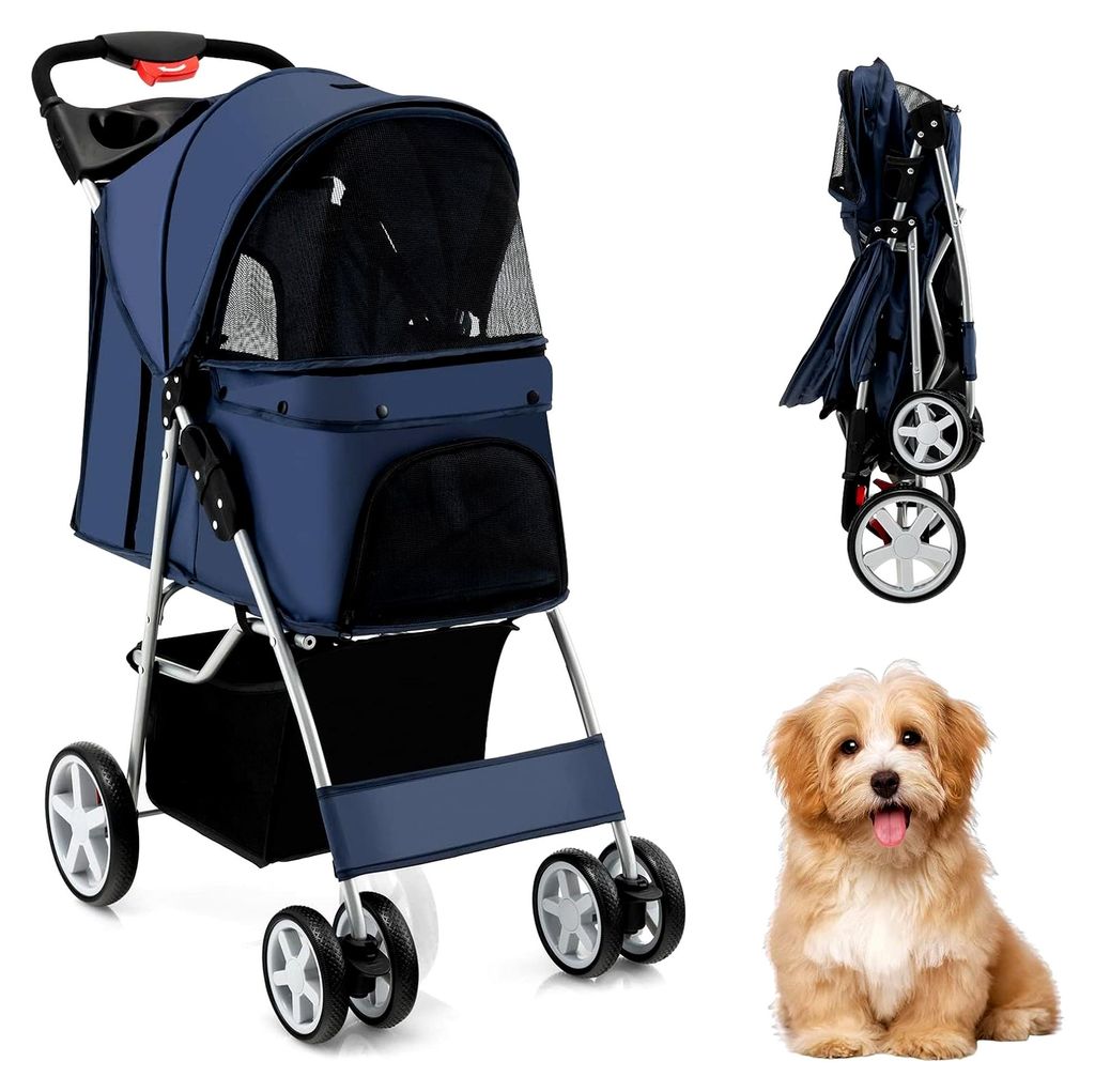 Hundewagen für Haustiere bis 15 kg, Buggy mit Netzfenstern, Getränkehalter und Anhänger, Katzenbuggy für kleine Hunde und Katzen (Dunkelblau)