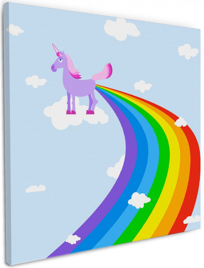 Wallario Premium Leinwandbild Einhorn mit Regenbogen aus dem Hintern in Größe 50 x 50 cm