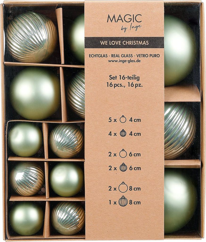 Weihnachtskugeln Glas 4-8cm Mix gerillt 16er Set - Mild Sage