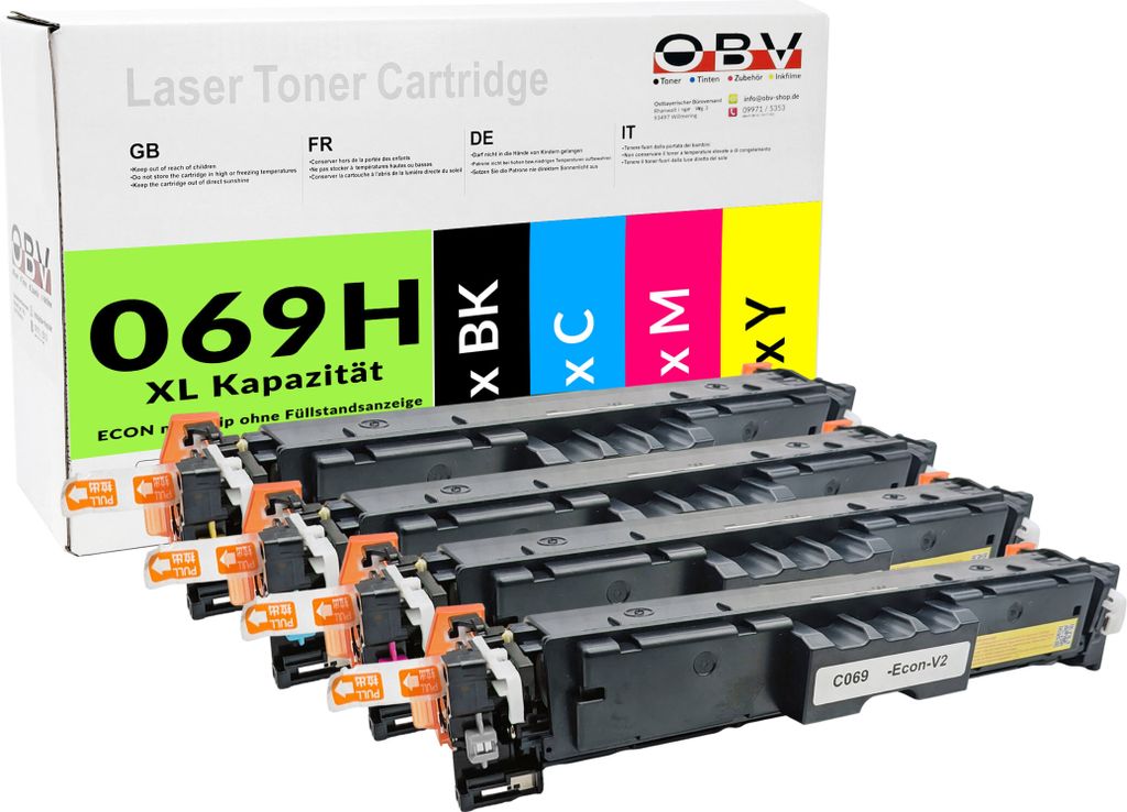 OBV 4x kompatibler Canon 069H Toner passend für LBP-673Cdw LBP-674 MF753 MF756 MF751 MF752Cdw MF754Cdw ohne Füllstandsanzeige schwarz, cyan, mage...