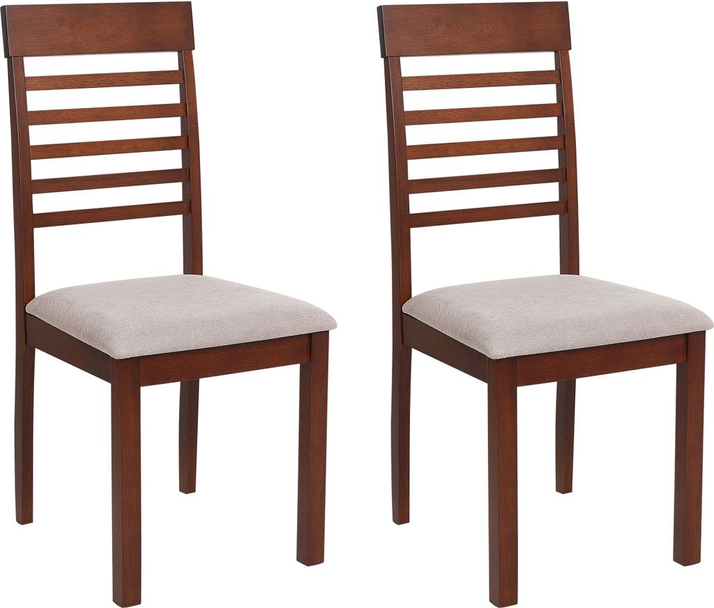BELIANI Esszimmerstuhl 2er Set Dunkelbraun u. Taupe Gummibaumholz mit Sitzpolster Streben Hohe Rückenlehne ohne Armlehnen Klassisch Holzstuhl