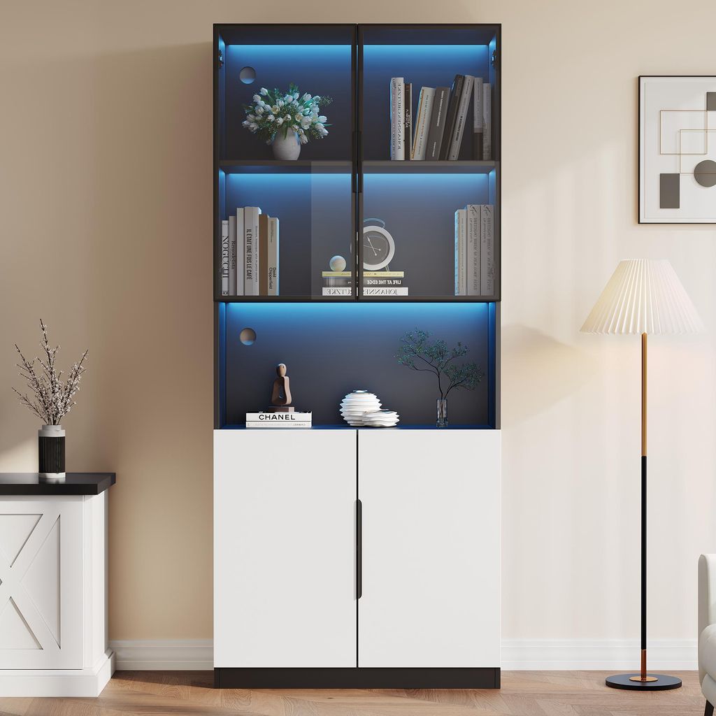 Sweiko Moderne minimalistische Vitrine mit Glastüren, Vitrine mit LED-Leuchten, Bücherregal für Sammlerstücke, einstellbare Farbtemperatur und ...