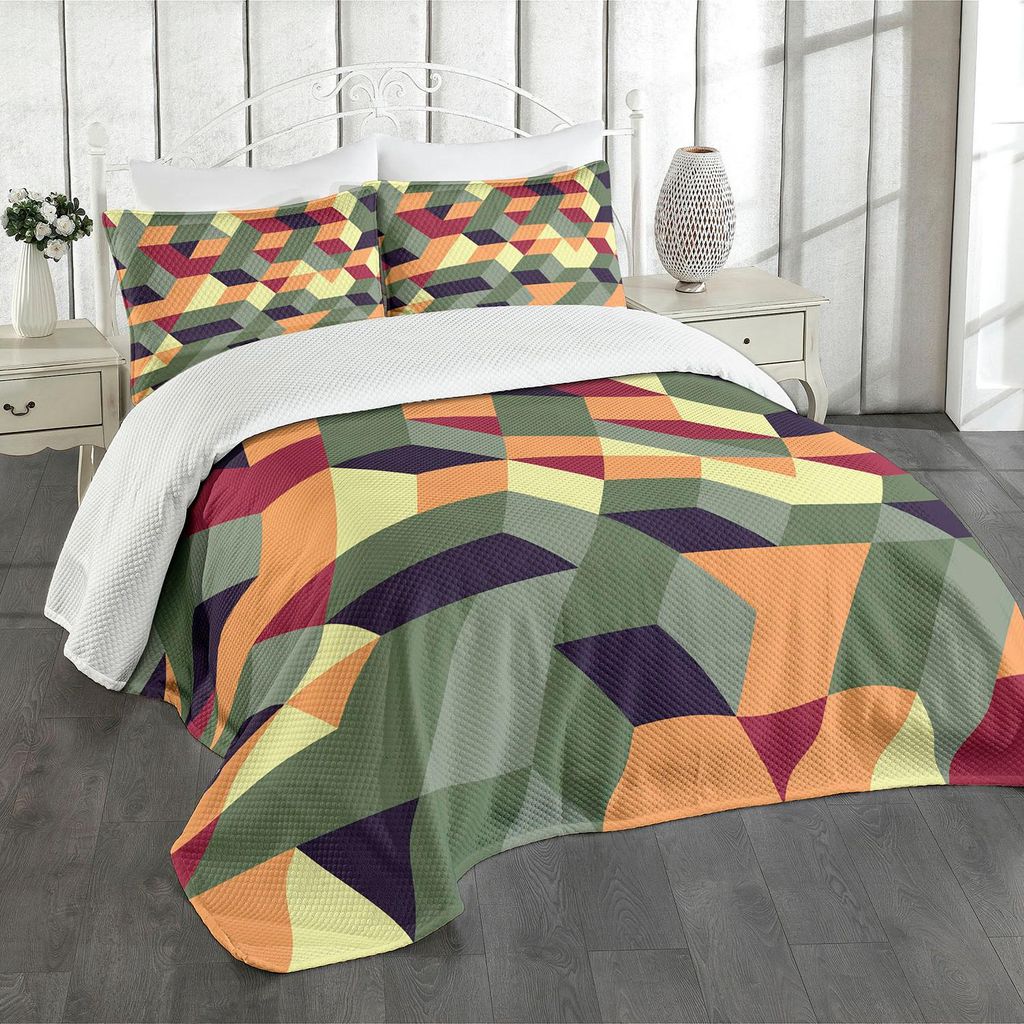 ABAKUHAUS Geometrisch Tagesdecke Set, Abstrakte Geometrie inspiriert Quadrate und Würfel Futuristic Bunte Entwurfs-Druck, 264 x 220 cm, Mehrfarbig