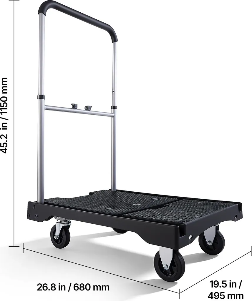 SucceBuy Carrello pieghevole con piattaforma 150 kg, carrello di trasporto con ruote piroettanti, carrello manuale con superficie di carico antiscivolo e maniglia regolabile, carrello pieghevole per il trasporto, 680x495x1150 mm Carrello per magazzino - 8