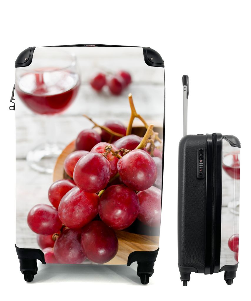 MuchoWow Koffer Handgepäck Trolley Rollkoffer Kleine Reisekoffer mit 4 Rollen - Rote Weintrauben in einer Schale neben einem Glas Rotwein - Cabi...