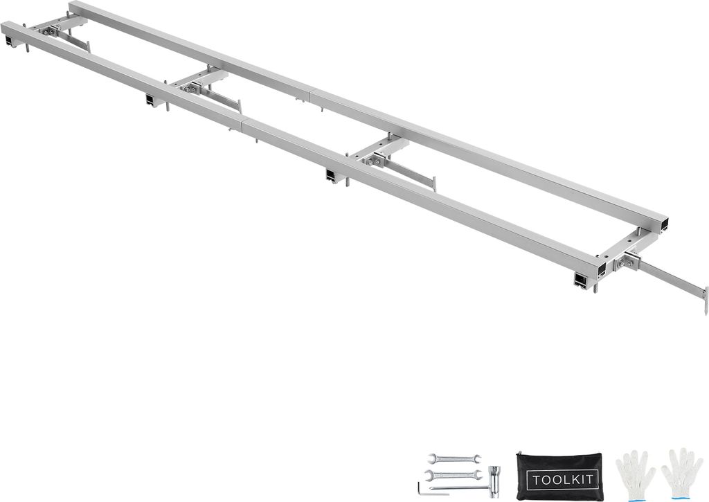 A long, silver aluminum milling guide system is shown against a white background. Below the guide system are some tools and gloves.