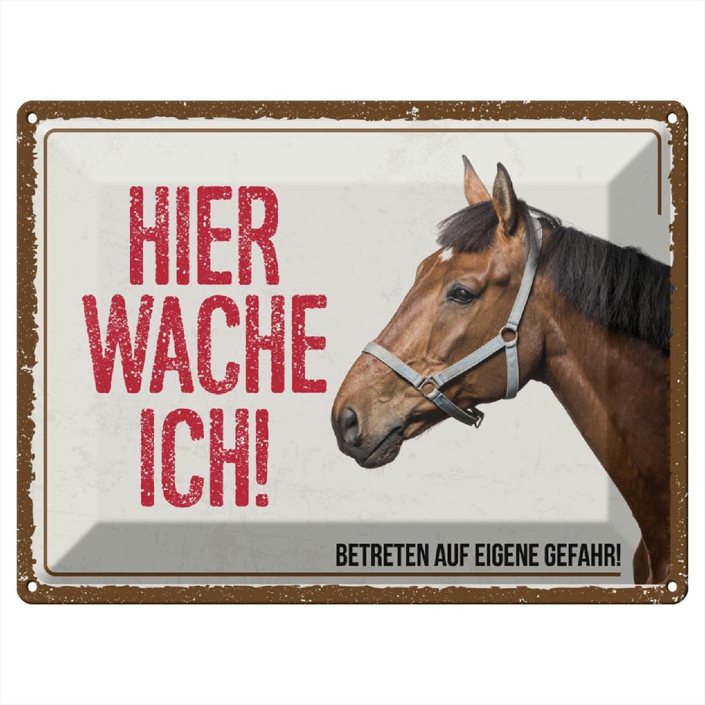 Blechschild Wandbild in : Brillante Farben, Größe 30 x 40 cm Motiv Blechschild Spruch 40x30cm Pferd von Rechts hier wache ich eigene Gefahr