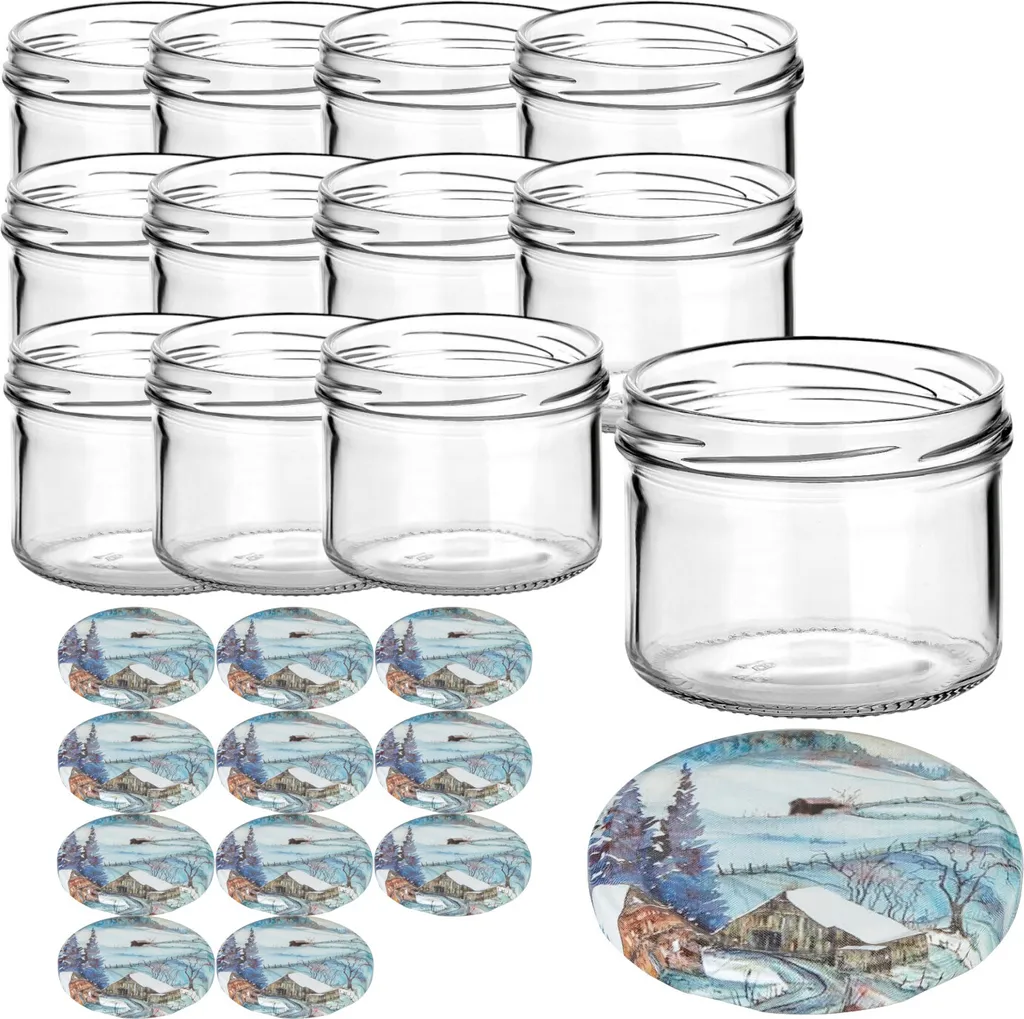 set di 12 vasetti da conserva da 230 ml con coperchio con motivo "Paesaggio invernale" - Piccoli vasetti da conserva con coperchio TO82 - Vasetti da marmellata vuoti, vasetti da conserva, vasetti da conserva per Natale - 1