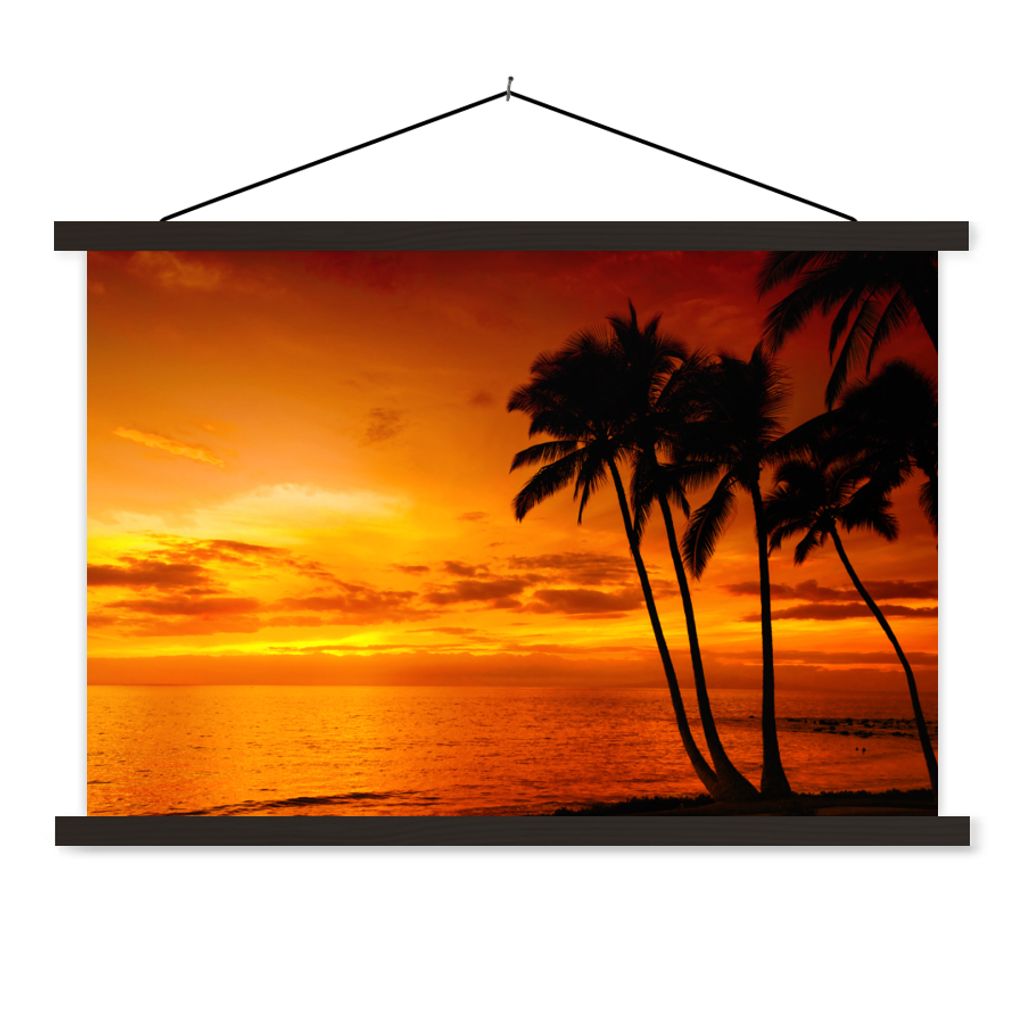 MuchoWow Textilposter Palme - Sonnenuntergang - Tropisch - Orange - Meer 60x40 cm mit schwarzem Rahmen - Hölzernes
