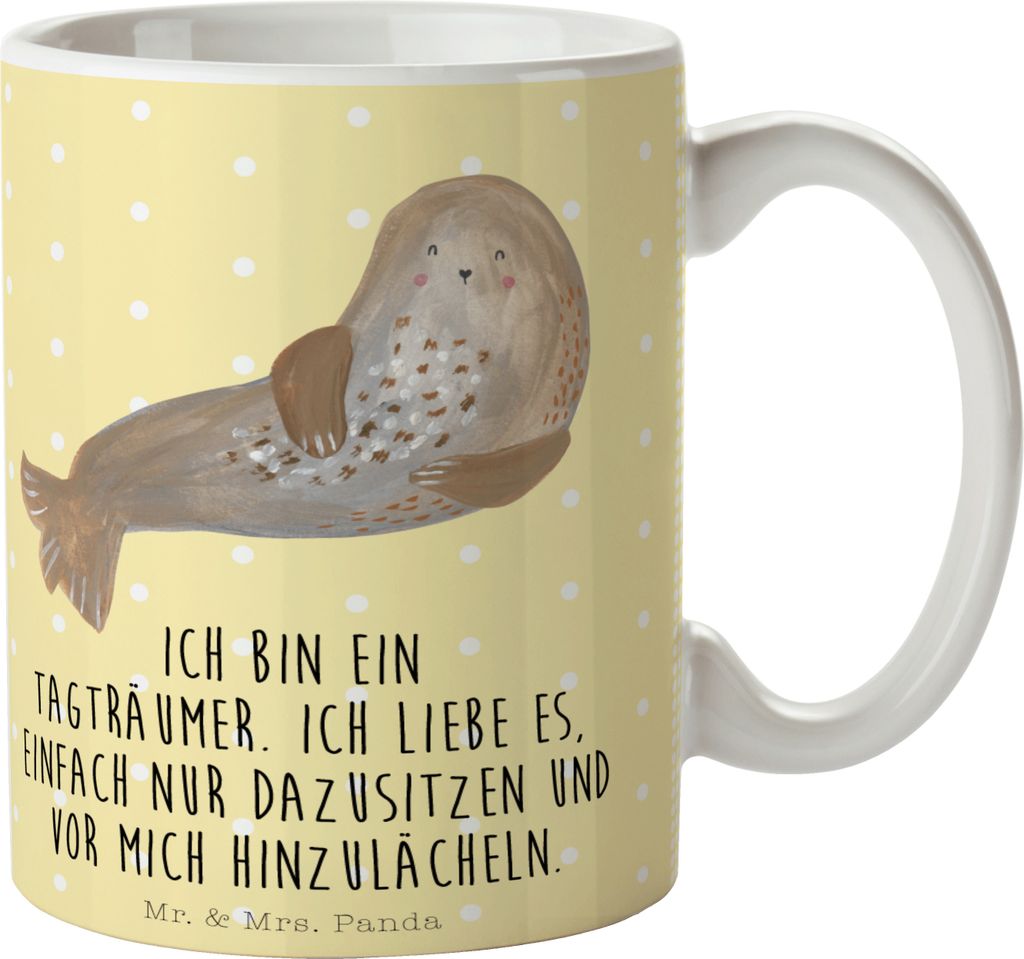 Mr. & Mrs. Panda Kaffeebecher Robbe Lachen - Gelb Pastell - Geschenk, Tasse, Nordsee, Geschenktasse, Ostsee, Meerestier, schöne, Strand, Becher, L...