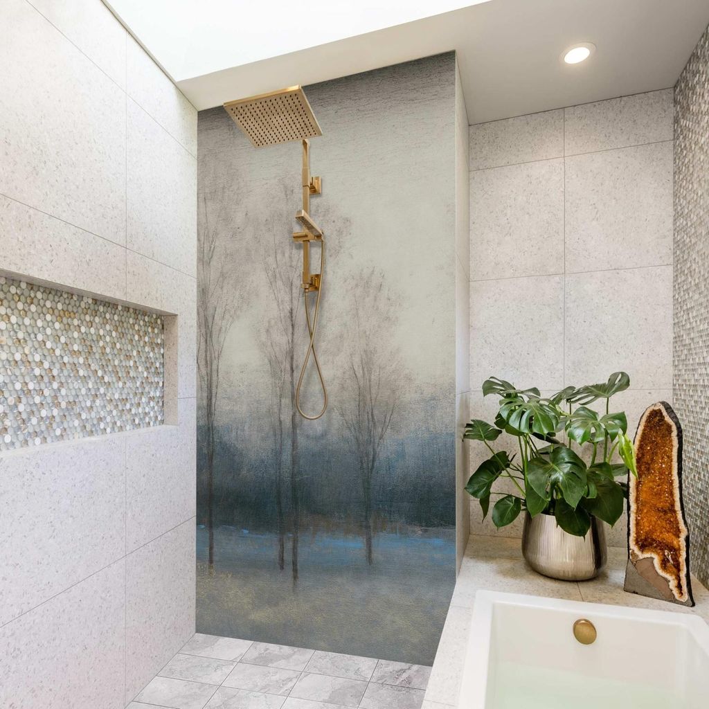 Duschrückwand Wald selbstklebend - 0.35 mm Wandpaneel wasserfest Design blau Badrückwand fugenlos Smart matt 80x200 cm