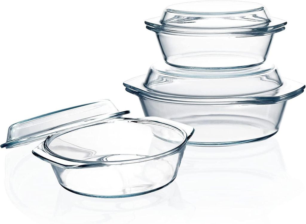 Set runder Glas-Auflaufformen, 0,65 l, 1 l und 1,4 l, mit Deckeln und Griffen.