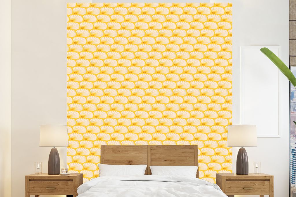 MuchoWow Fototapete für Wohnzimmer oder Schlafzimmer Wandtapete Vinyl Motivtapete Art Deco - Design - Muschel - Gelb - 210x260 cm - Wand Tapete