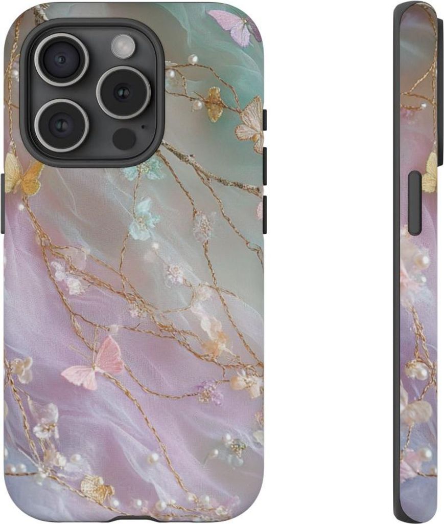 Schimmernde Pastell-Schmetterlinge und Ranken – Hülle Kompatibel mit iPhone 15 Pro