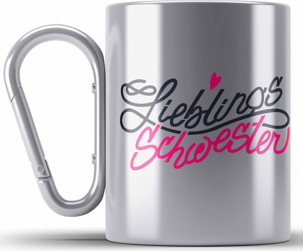 Trendation - Beste Schwester Edelstahl Tasse Karabiner Geschenk von Schwester an Schwester Lieblingsschwester (Silber)