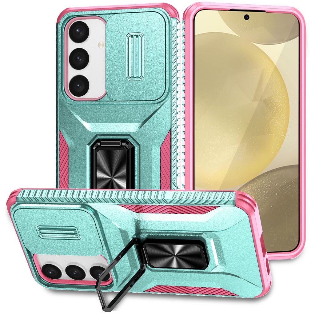 Handyhülle für Samsung Galaxy S24 Dual Layer Hülle mit Schiebe Kamera Schutz und Ringhalter Ständer Türkis