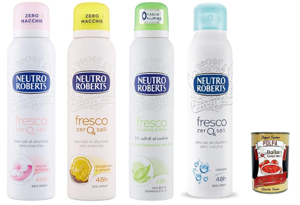 Testpaket Neutro Roberts deo Fresco Spray Deodorant ohne Aluminiumsalze, null Flecken 4x 150 ml + Italian Gourmet Polpa 400g