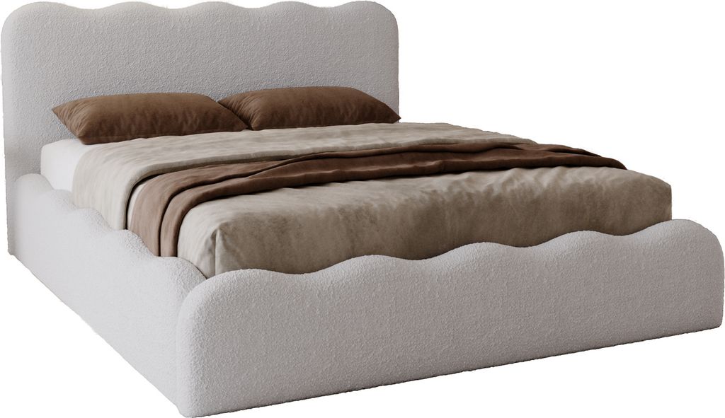 Doppelbett mit Bettkasten 140x200 Wave - Schaumstoff, Lattenrost - Polsterbett Boucle, Hellgrau