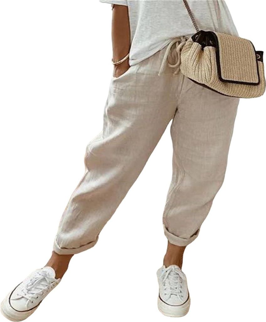 ASKSA Damen Leinenhose Casual Leicht Sommerhose Bequeme Luftige Hose Freizeithose Strandhose mit Taschen (Khaki,3XL)